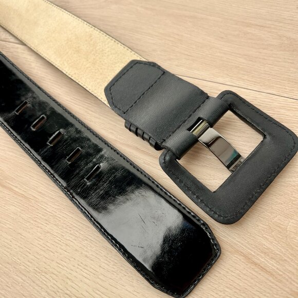 Vince Camuto Black Faux Patent Leather Wide Belt Studded Buckle Size Large 41" - Picture 5 of 15